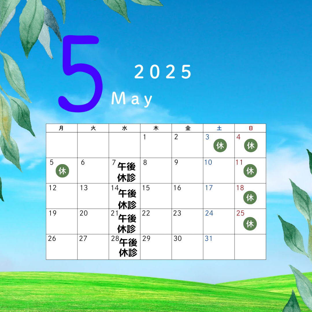 25年5月の休診日のお知らせのカレンダー