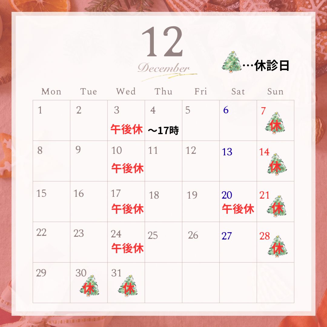25年12月の休診日のお知らせのカレンダー